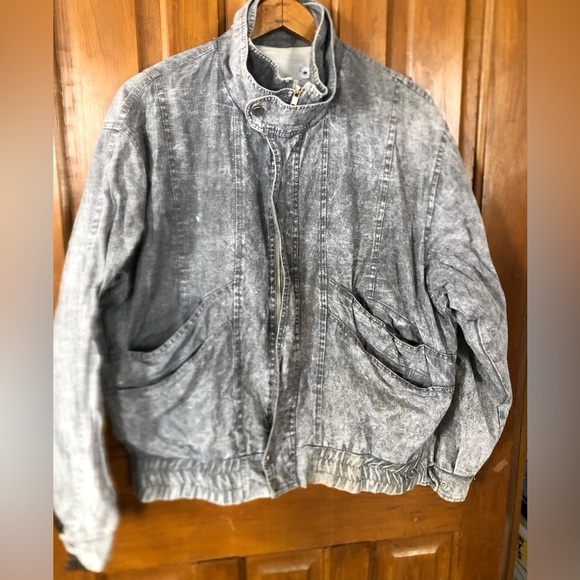 Vtg 80s Acid Wash Grey Denim Bomber Jacket - Picture 1 of 16